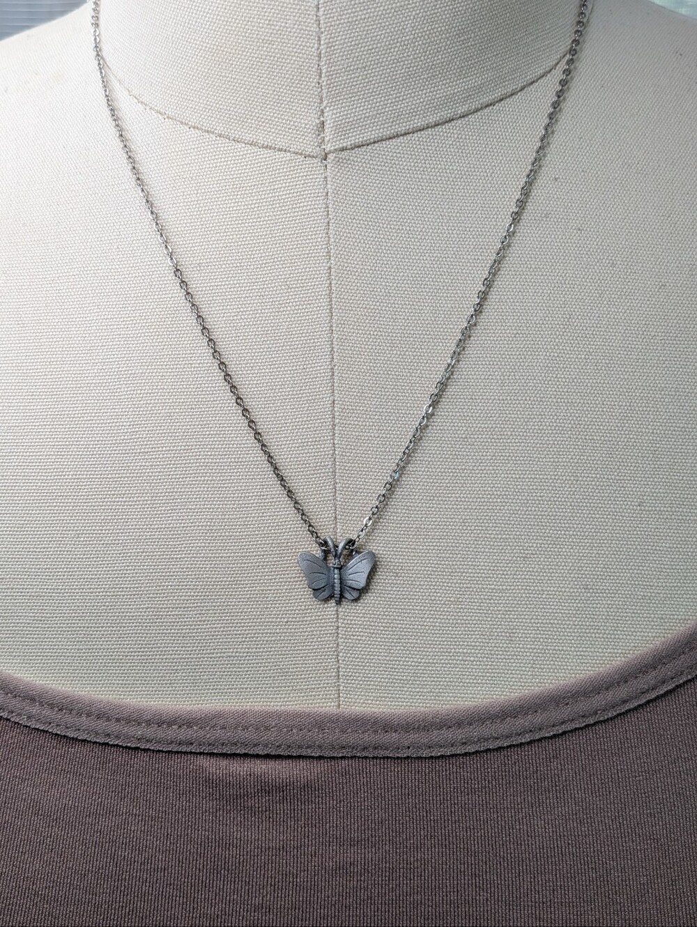 Matte Silver Pewter Finish Butterfly Pendant Cable Chain Necklace Y2K